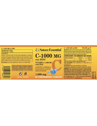 VITAMINA C 1000 MG + ZINC 10 MG - NATURE ESSENTIAL - 60 COMPRIMIDOS