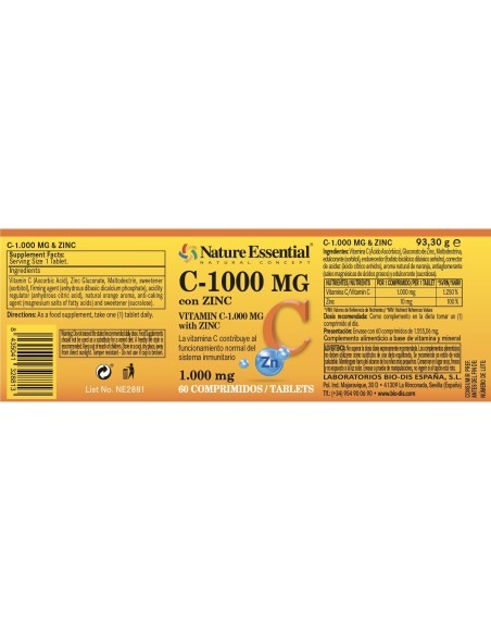 VITAMINA C 1000 MG + ZINC 10 MG - NATURE ESSENTIAL - 60 COMPRIMIDOS