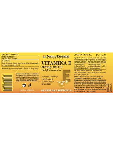 VITAMINA E - 400 OU I - (D-ALFA-TOCOREFOL) - NATURE ESSENTIAL - 268 MG - 60 PÉROLAS