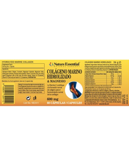 COLÁGENO MARINHO + MAGNÉSIO - NATURE ESSENTIAL - 600 MG - 60 CÁPSULAS