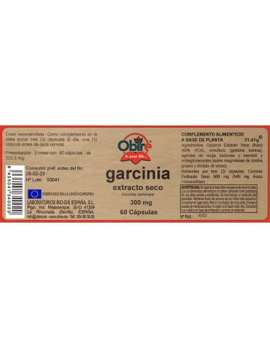 GARCINIA CAMBOGIA (EXT. SECO 60 % HCA) - OBIRE - 300 MG - 60 CÁPSULAS