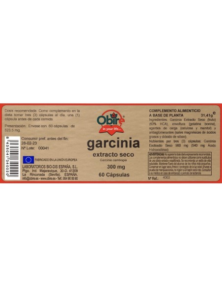 GARCINIA CAMBOGIA (EXT. SECO 60 % HCA) - OBIRE - 300 MG - 60 CÁPSULAS
