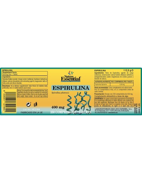 ESPIRULINA - NATURE ESSENTIAL - 400 MG - 250 COMPRIMIDOS
