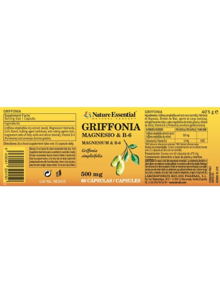 GRIFFONIA 500 MG (5-HTP) + MAGNESIO + B-6 - NATURE ESSENTIAL - 60 CAPSULAS