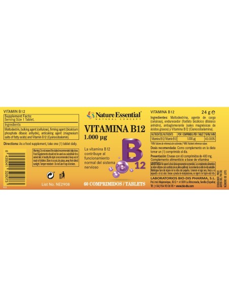 VITAMINA B12 - NATURE ESSENTIAL - 1000 MCG - 60 COMPRIMIDOS