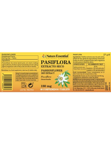 EXTRACTO SECO DE PASSIFLORA - NATURE ESSENTIAL - 180 MG - 60 TABLETAS