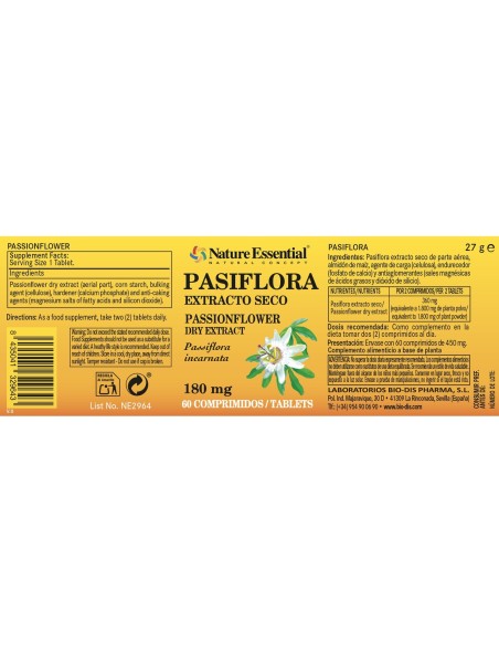 EXTRACTO SECO DE PASSIFLORA - NATURE ESSENTIAL - 180 MG - 60 TABLETAS