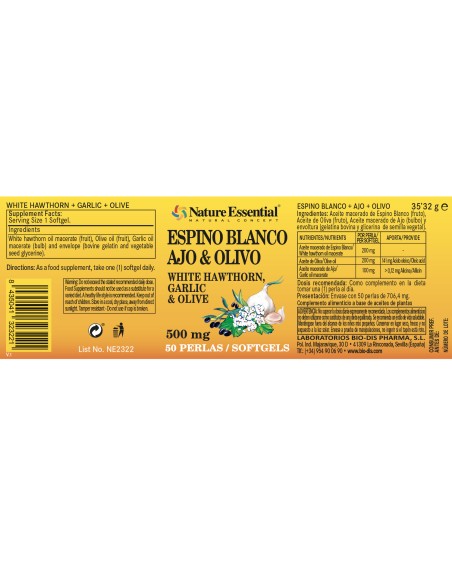 ESPINO BLANCO + AJO + OLIVO - NATURE ESSENTIAL - 500 MG - 50 PERLAS
