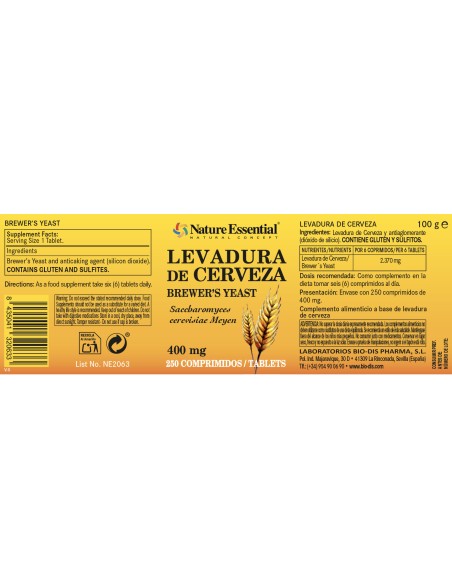 LEVADURA DE CERVEZA - NATURE ESSENTIAL - 400 MG - 250 COMPRIMIDOS