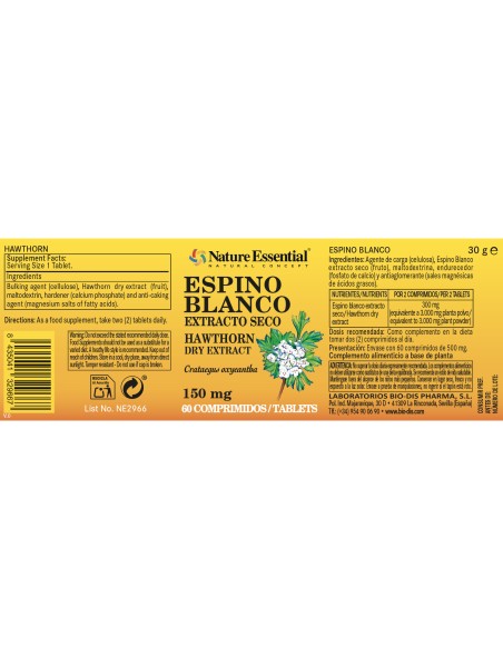 ESPINHO BRANCO (EXTRACTO SECO) - NATURE ESSENTIAL - 150 MG - 60 COMPRIMIDOS