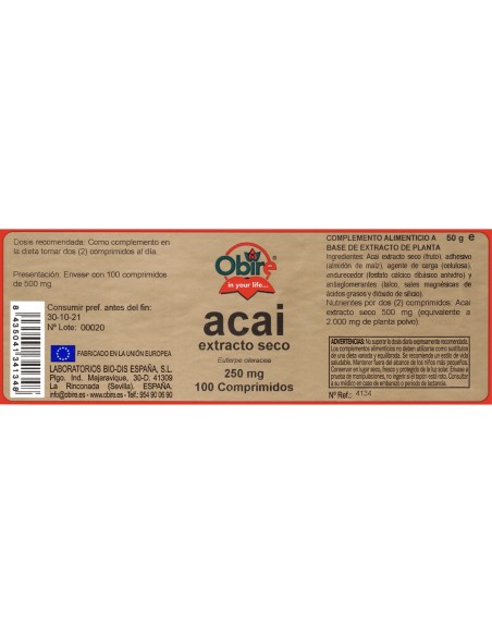 ACAI (EXTRACTO SECO) - OBIRE - 250 MG - 100 COMPRIMIDOS