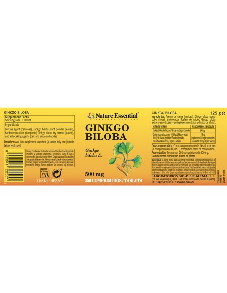 GINKGO BILOBA - NATURE ESSENTIAL - 500 MG - 250 COMPRIMIDOS