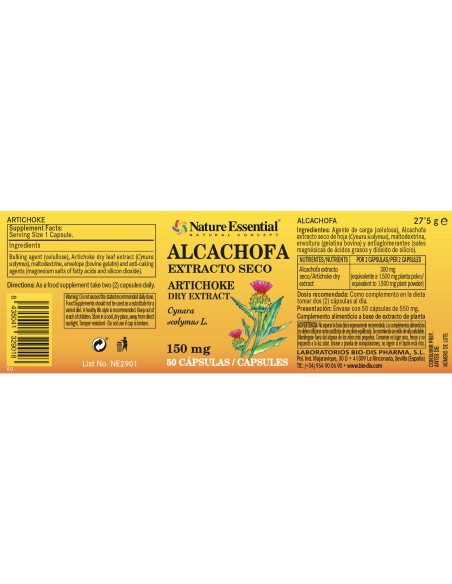 ALCACHOFA (EXTRACTO SECO) - NATURE ESSENTIAL - 150 MG - 50 CÁPSULAS