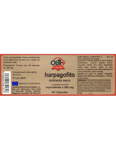 HARPAGOFITO (EXT SECO) - OBIRE - 500 MG - 60 CÁPSULAS