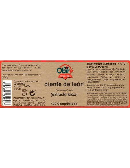 DENTES DE LEÃO (EXT. SECA) - OBIRE - 100 MG - 100 COMPRIMIDOS