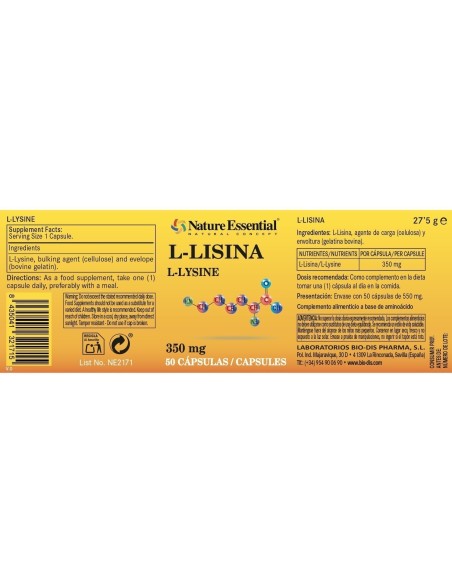 L-LISINA - NATURE ESSENTIAL - 350 MG - 50 CÁPSULAS