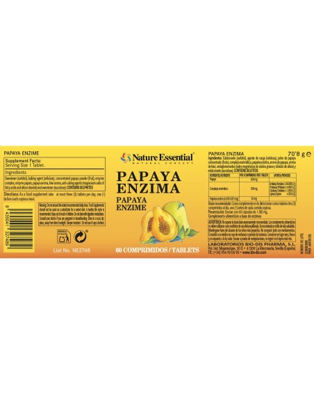 PAPAYA ENZIMA PAPAÍNA - NATURE ESSENTIAL - 6.000 USP/ MG - 60 COMPRIMIDOS