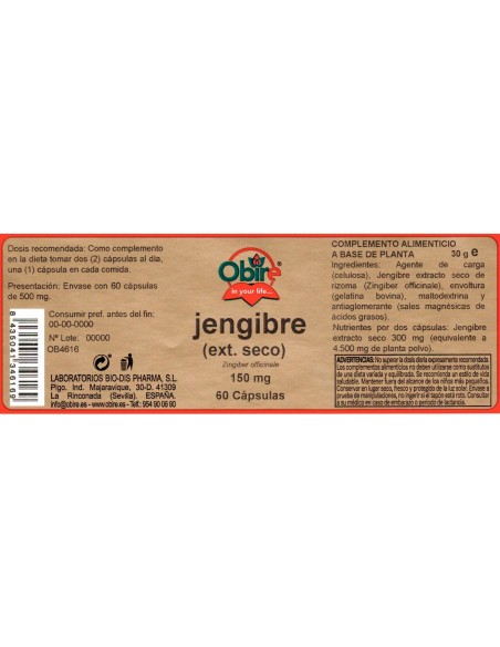 GENGIBRE (EXTRACTO SECO) - OBIRE - 150 MG - 60 CÁPSULAS
