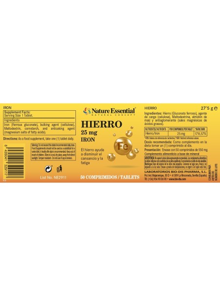 HIERRO - NATURE ESSENTIAL - 25 MG - 50 COMPRIMIDOS