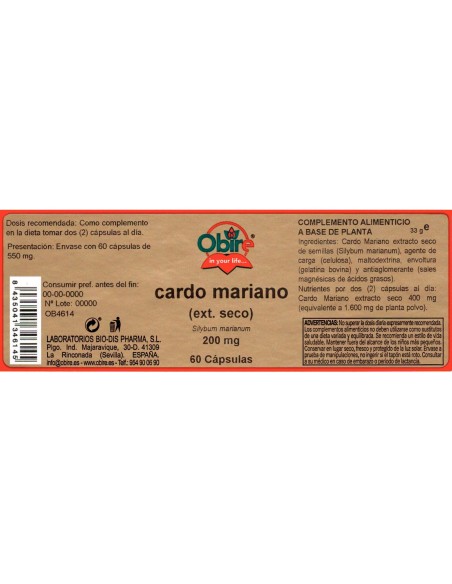 CARDO MARIANO (EXTRACTO SECO) - OBIRE - 200 MG - 60 CÁPSULAS