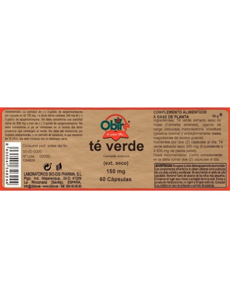 TE VERDE (EXTRACTO SECO) - OBIRE - 150 MG - 60 CÁPSULAS