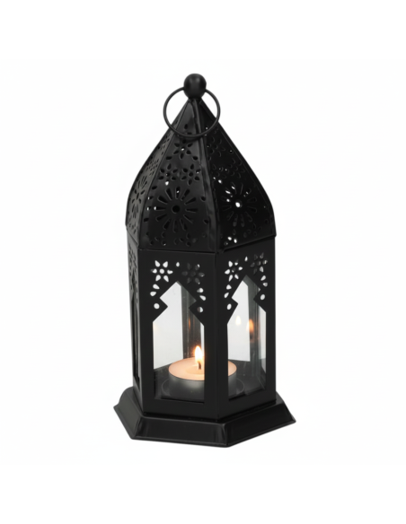 FAROL ÁRABE NEGRO - PORTAVELAS ÁRABE - DECORACIÓN MARROQUÍ - 16CM